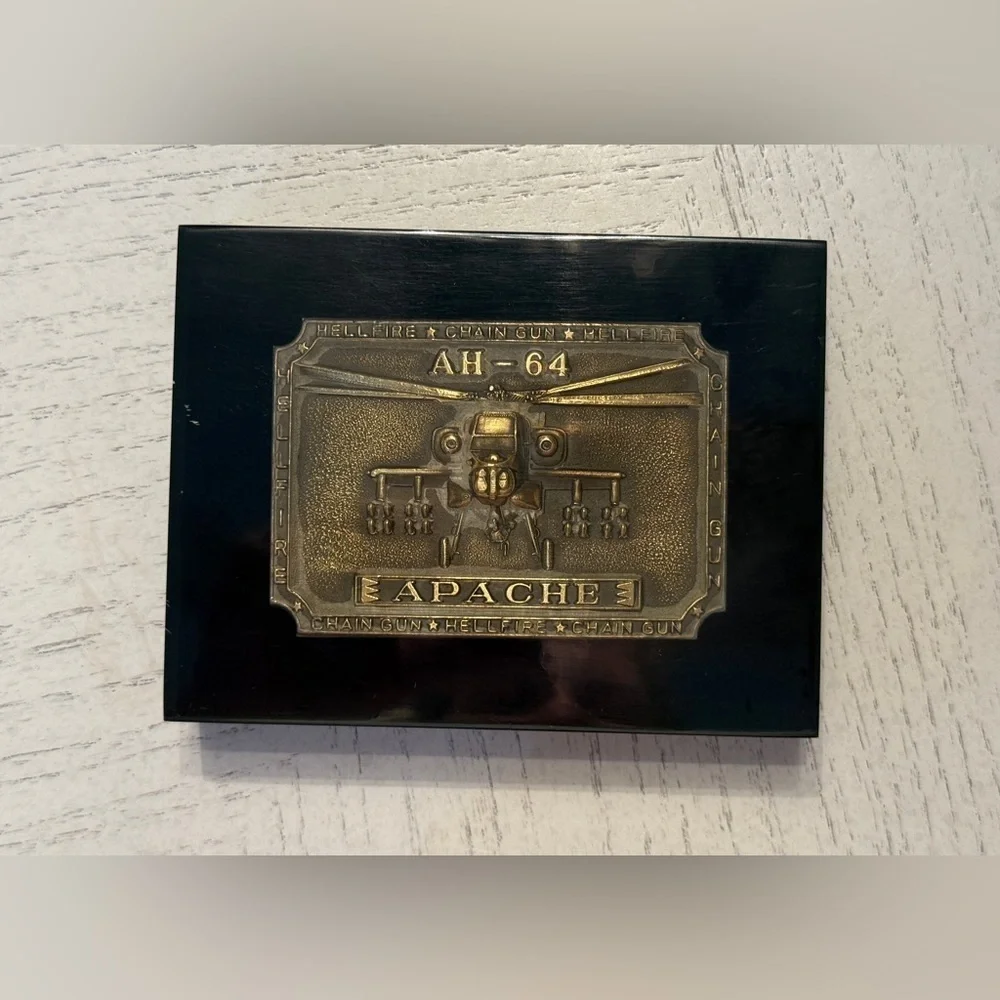AH-64 Apache Attack Helicopter Commemorative Belt Buckle in Resin Display Block